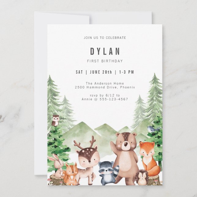 Convite Woodland Forest Animal Boy Birthday Invitation (Frente)