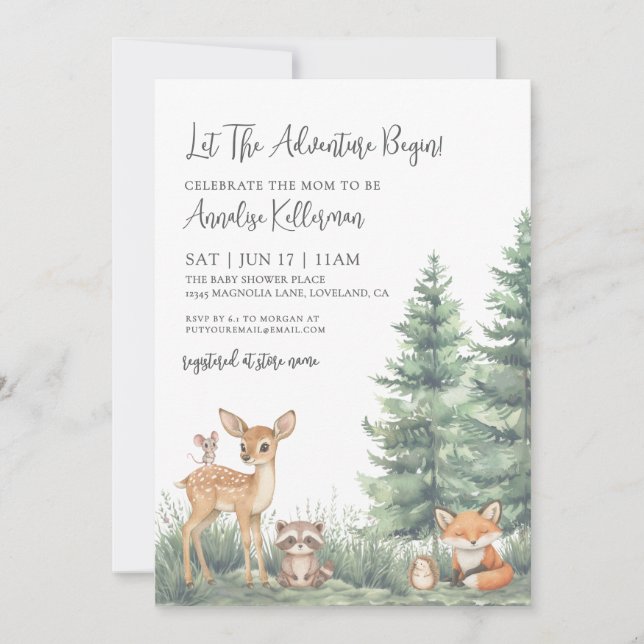 Convite Woodland Forest Animals Adventure Baby Shower (Frente)