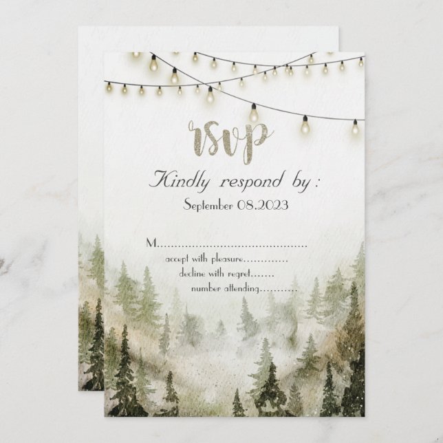 Convite Woodland,Forest,Pine Trees,String Lights RSVP (Frente/Verso)