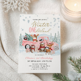 Convite Woodland Forest Pink Truck ONEderland 1st Birthday