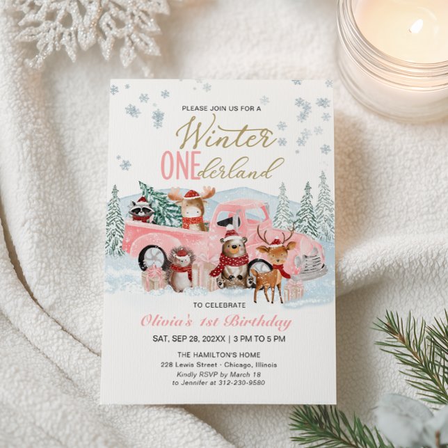 Convite Woodland Forest Pink Truck ONEderland 1st Birthday (Criador carregado)