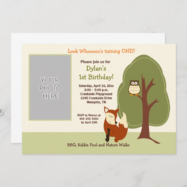 Convite Woodland Fox and Owl *FOTO* Aniversário 5x7 (Frente/Verso)