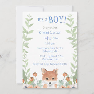 Convite Woodland Fox Baby Boy Script Chá de fraldas Flora