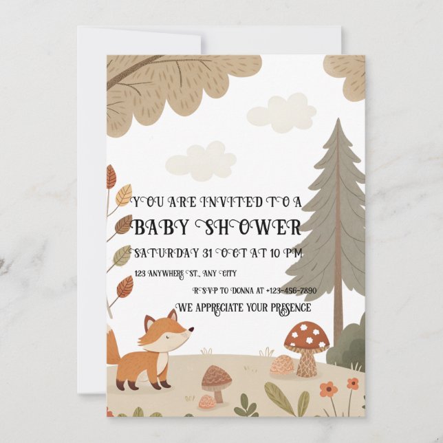 Convite Woodland Fox Baby Shower Invitation (Frente)