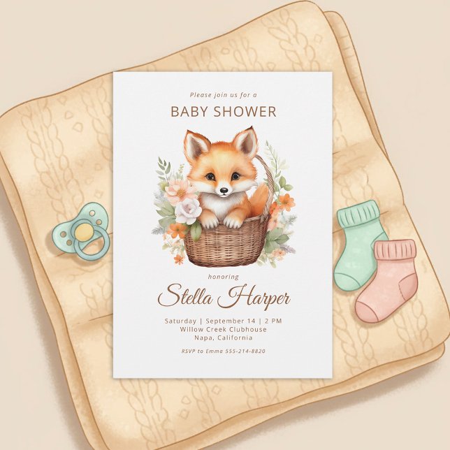 Convite Woodland Fox Floral Girl Baby Shower Invitation (Criador carregado)