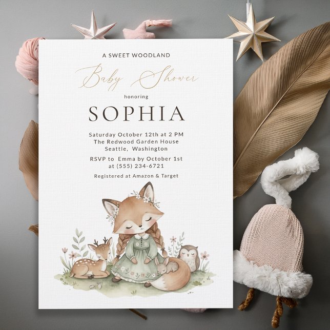 Convite Woodland Fox Girl Baby Shower Invitation Card (Criador carregado)