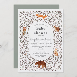 Convite Woodland Friends Gender Neutral Sage Baby Shower