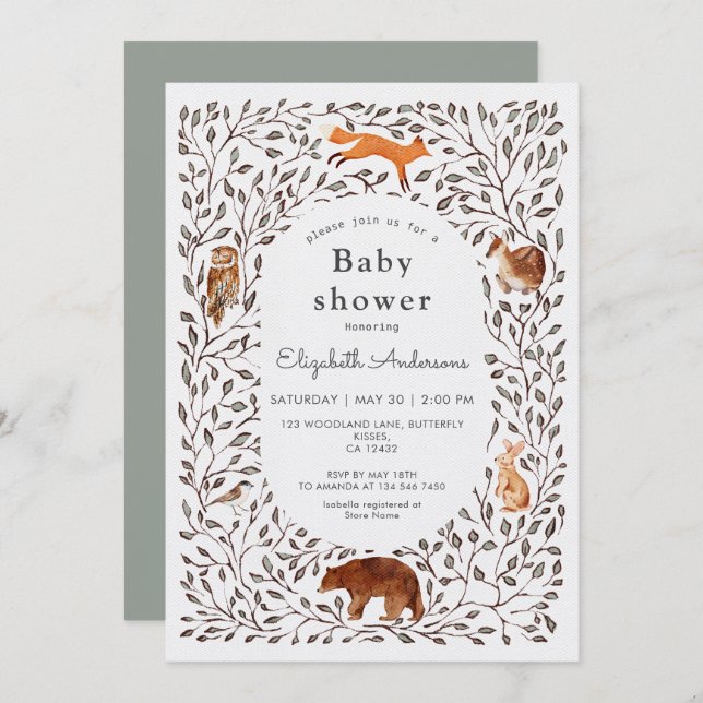 Convite Woodland Friends Gender Neutral Sage Baby Shower (Frente/Verso)