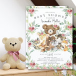 Convite Woodland Friends Girls Baby Shower<br><div class="desc">Cute baby shower design featuring the sweetest bear sitting on a tree stump surrounded by a deer,  raccoon,  squirrel,  fox,  moose & fox. Framed with natural green watercolor leaves set on a white background.  Flip our invite over to view a matching green leaf back for an extra special touch..</div>