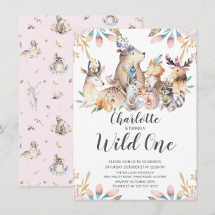 Convite Woodland Friends Wild One Girls primeiro aniversar