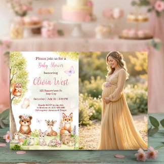 Convite Woodland Girl Baby Shower Forest Animals Photo Inv