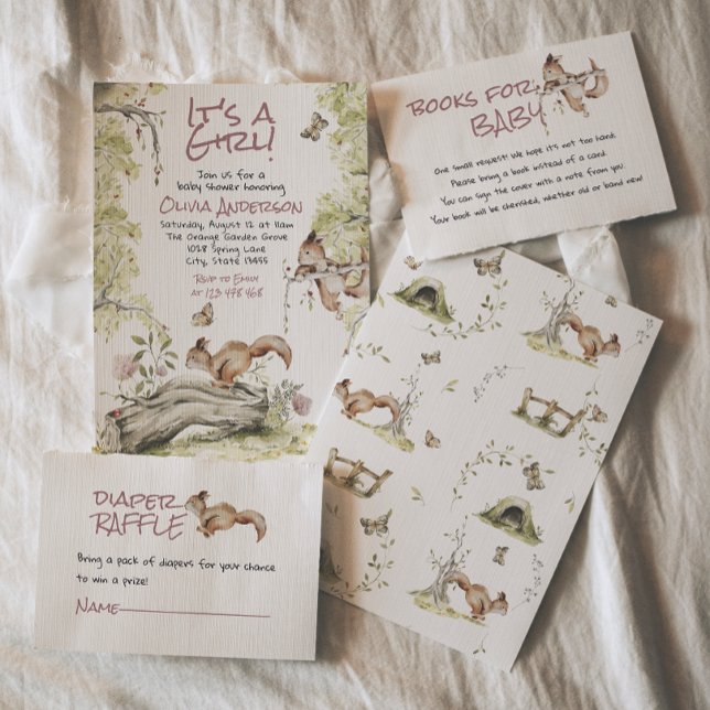 Convite Woodland Girl Squirrels Forest Cute Baby Shower (Criador carregado)