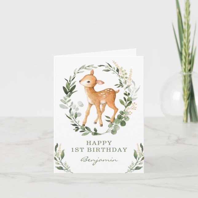 Convite Woodland Greenery Dourado Deer Happy Birthday Card (Frente)
