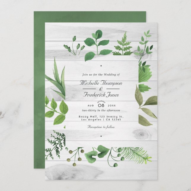 Convite Woodland Greenery Rustic Código QR RSVP Casamento (Frente/Verso)