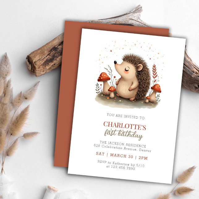 Convite Woodland Hedgehog primeiro aniversario (Whimsical Hedgehog Mushroom 1st Birthday Party Invitation)