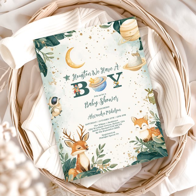 Convite Woodland Houston Temos Um Menino Espaço Exterior (Criador carregado)