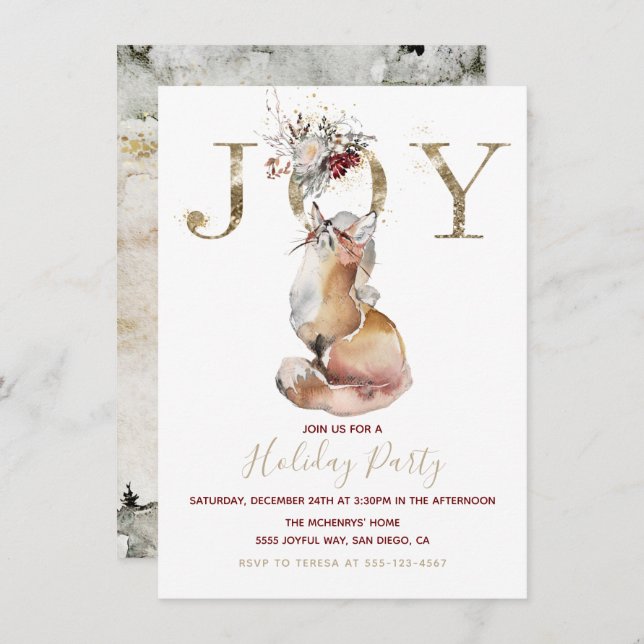 Convite Woodland Joy Red Fox Holiday Party (Frente/Verso)