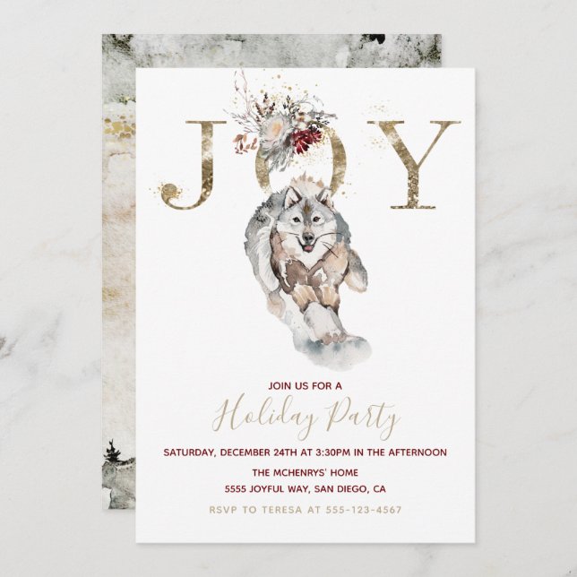 Convite Woodland Joy Wolf Dog Holiday Party (Frente/Verso)