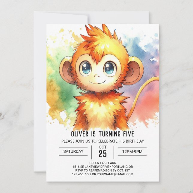 Convite Woodland Kids Monkey Birthday (Frente)