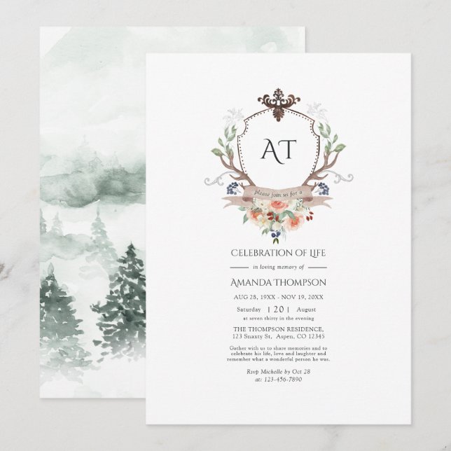 Convite Woodland Laurel Crest Monograma Celebração da Vida (Frente/Verso)