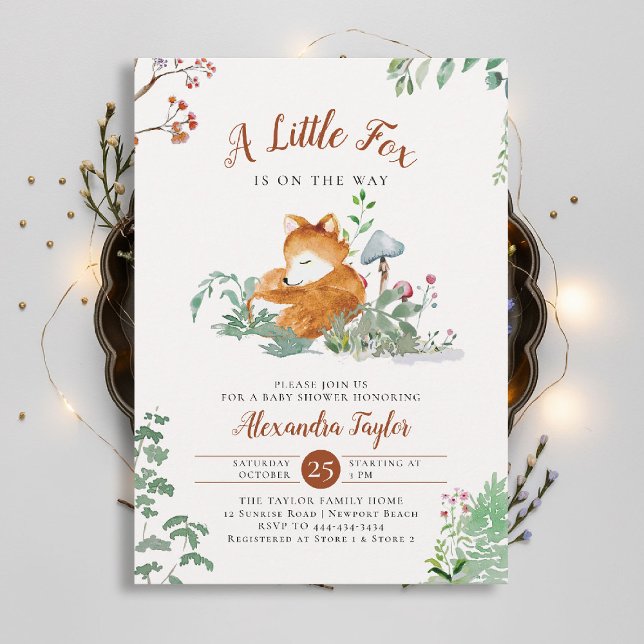 Convite Woodland Little Fox Mushroom Chá de fraldas verde (woodland baby shower invitation enchanted woods forest little fox mushrooms wildflowers earthy magic)