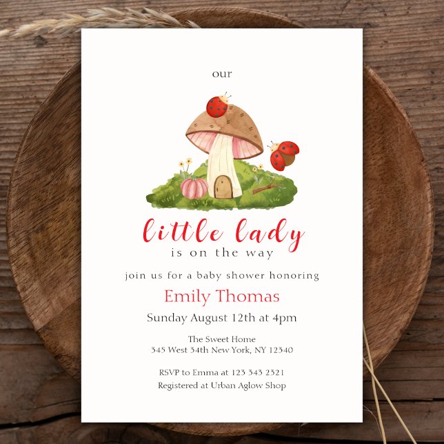 Convite Woodland Little Lady Ladybug Chá de fraldas de Mus (Woodland Little Lady Ladybug Mushroom Baby Shower Invitation)