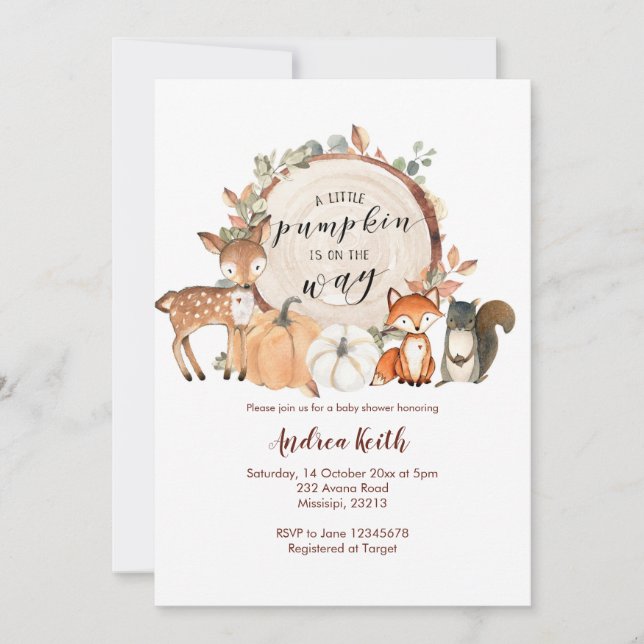 Convite Woodland Little Pumpkin está no caminho do Chá de  (Frente)