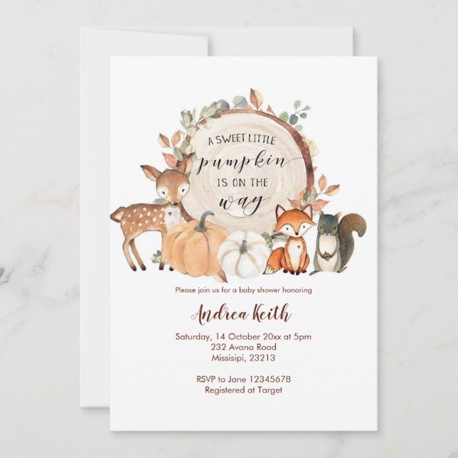 Convite Woodland Little Pumpkin Está No Caminho Do Chá de  (Frente)