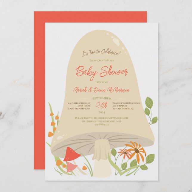 Convite Woodland Mushroom Baby Shower (Frente/Verso)