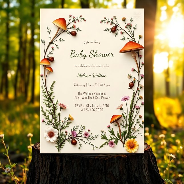 Convite Woodland Mushroom Rustic Boho Chá de fraldas (Woodland Mushroom Rustic Boho Baby Shower Invitation)