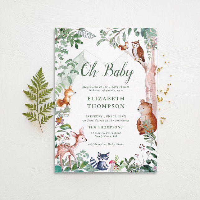 Convite Woodland Oh Baby Encantado Woods Chá de fraldas Bo (woodland baby shower invitation neutral enchanted forest bear fox deer magical woods fairy)