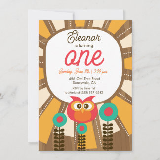 Convite Woodland Owl First Birthday Invitation – One Year 