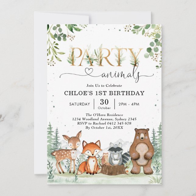 Convite Woodland Party Animals Boy Birthday Invitation (Frente)