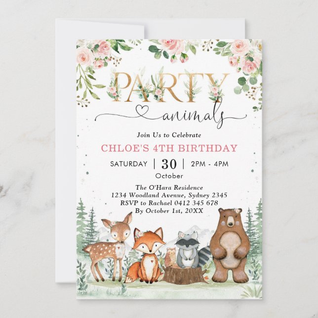 Convite Woodland Party Animals Girl Birthday Invitation (Frente)