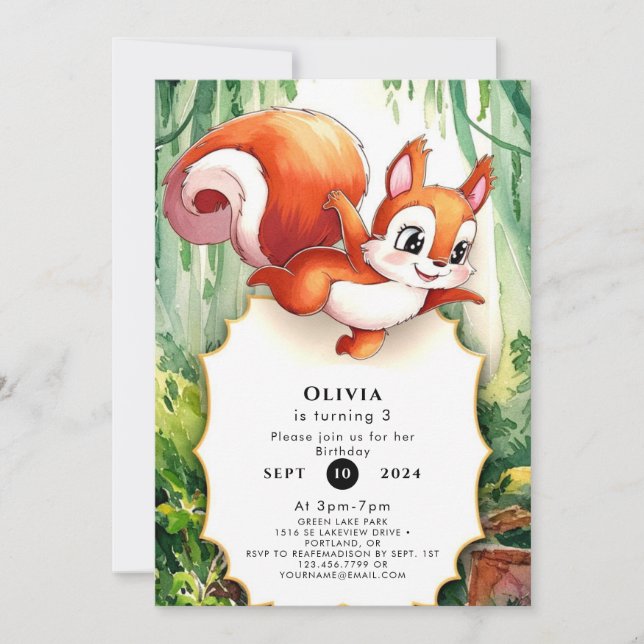 Convite Woodland Pastel Squirrel Birthday (Frente)