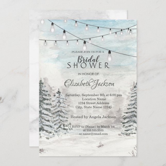 Convite Woodland,Pine Trees, String Lights, Watercolor (Frente/Verso)