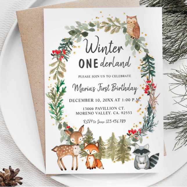 Convite Woodland Pine Trees Winter Onederland Aniversário (Criador carregado)