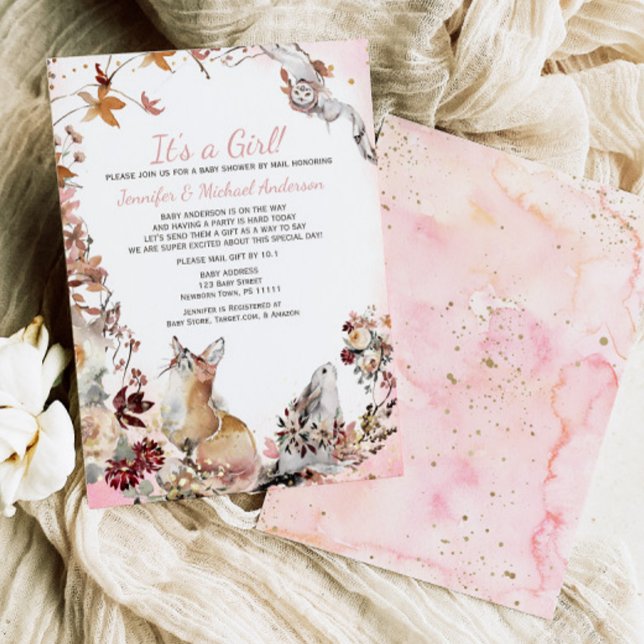 Convite Woodland Pink Girl Fox Bunny Chá de fraldas Por Co (Criador carregado)