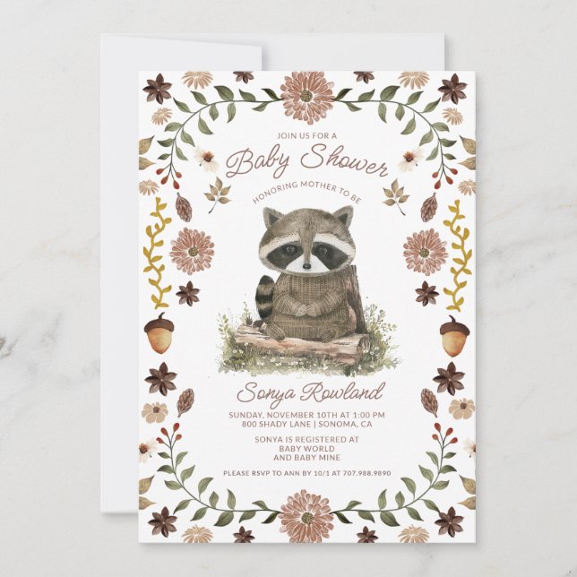 Convite Woodland Raccoon Baby Shower (Frente)