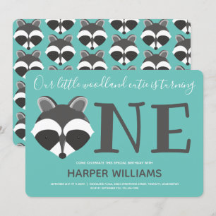 Convite Woodland Raccoon Teal Baby One First Birday
