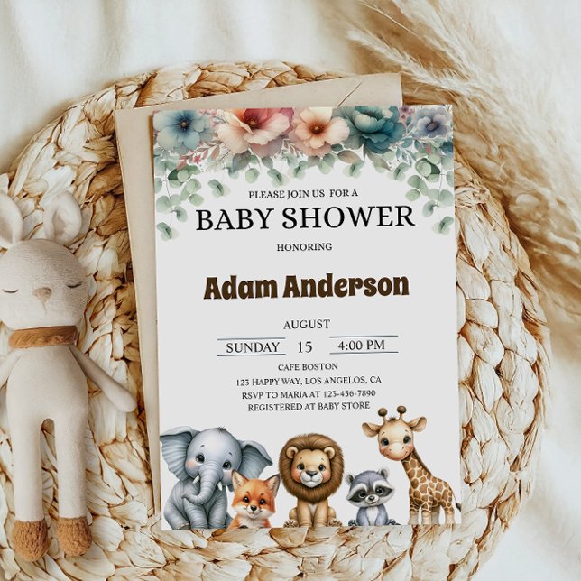 Convite Woodland Safari Animals Baby Shower (Criador carregado)