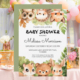Convite Woodland Seis Amigos Animais Chá Bebê