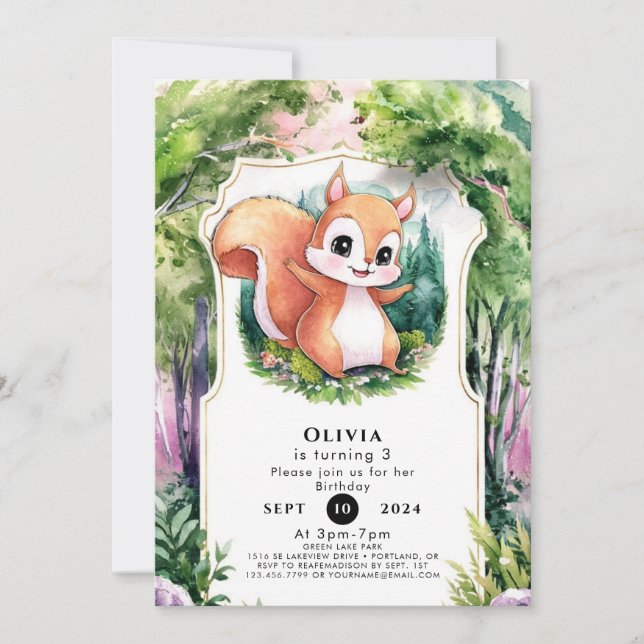 Convite Woodland Simple Squirrel Birthday (Frente)