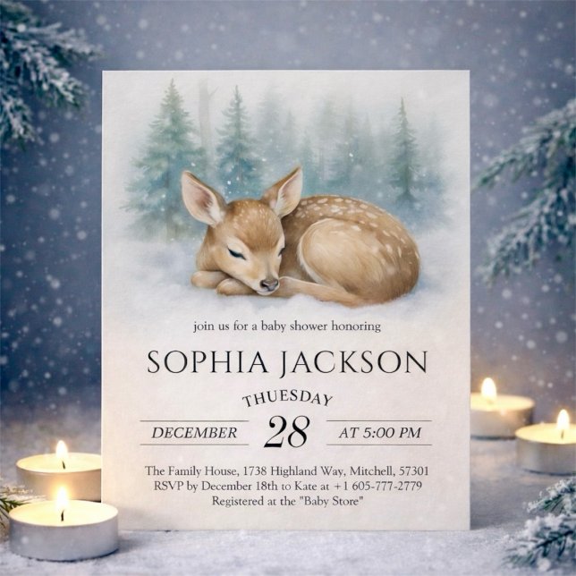 Convite Woodland Sleeping Baby Deer Winter Baby Shower (Woodland Sleeping Baby Deer Winter Baby Shower Invitation)