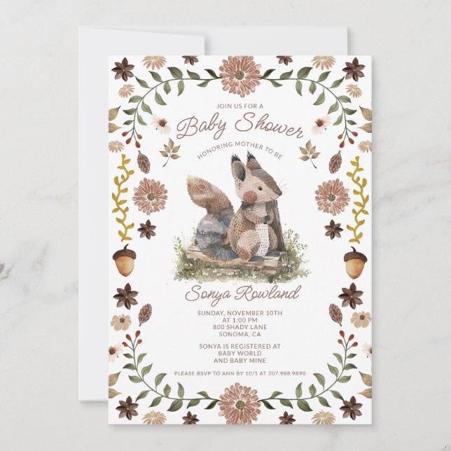 Convite Woodland Squirrel Baby Shower (Frente)