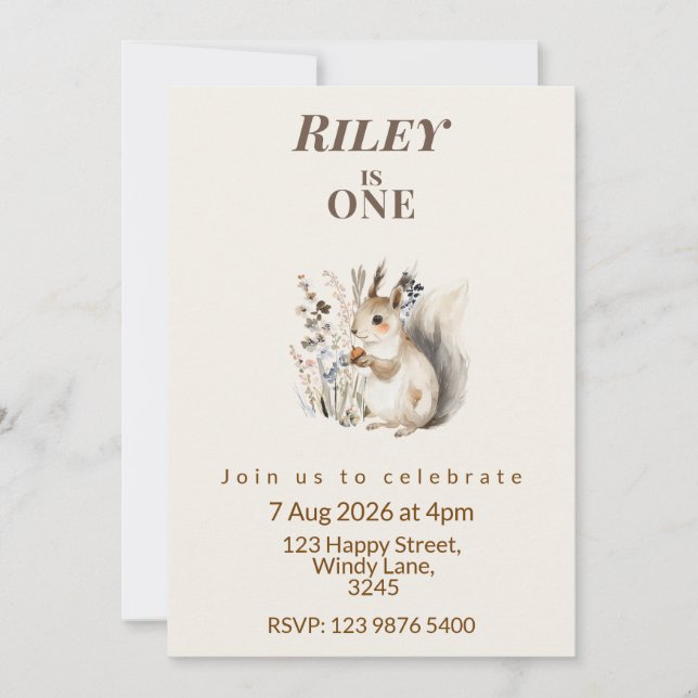 Convite Woodland squirrel First Birthday Invitation (Frente)