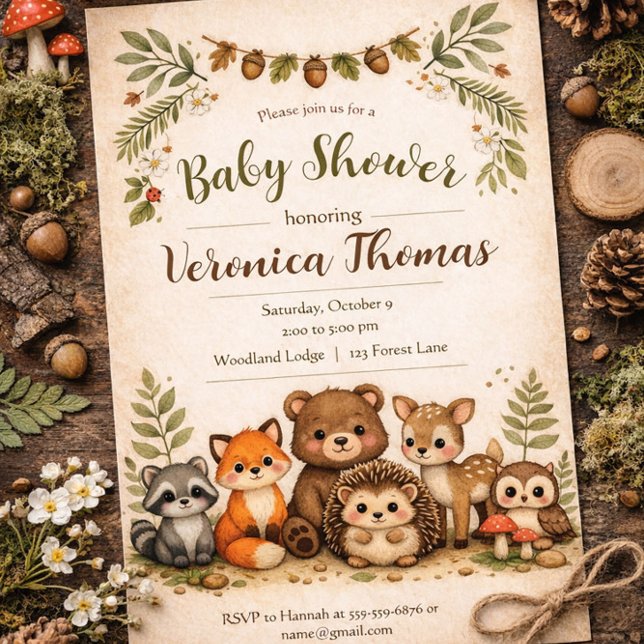 Convite Woodland Theme Adorable Forest Animals Baby Shower (Criador carregado)