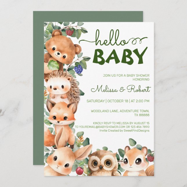 Convite Woodland Watercolor Baby Boy Chá (Frente/Verso)