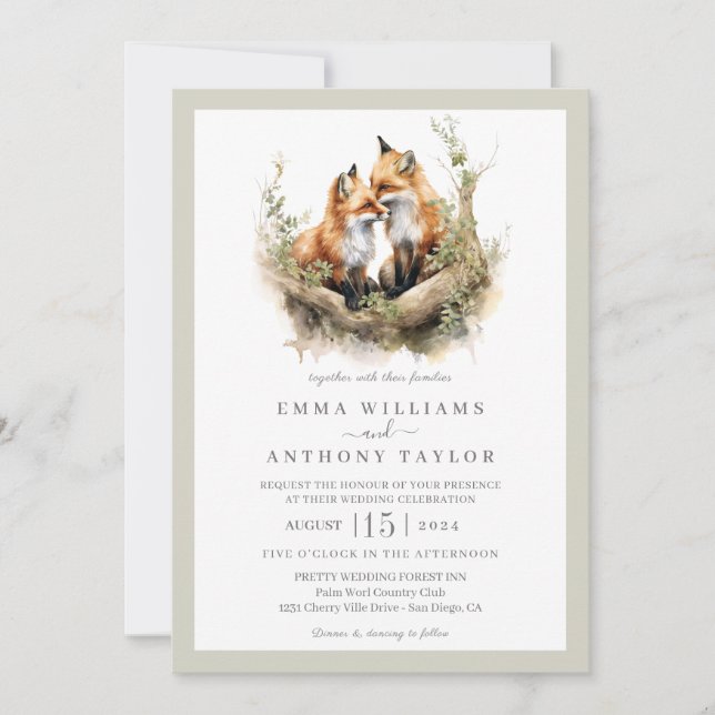 Convite Woodland Watercolor Fox Casal Casamento (Frente)