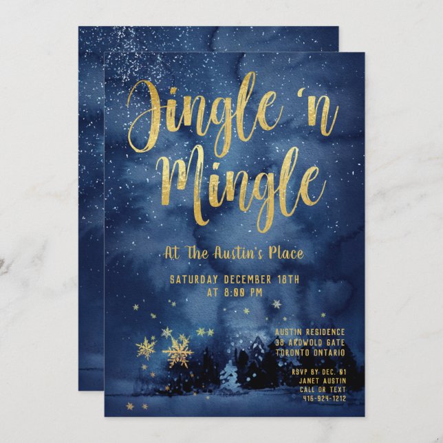 Convite Woodland Winter Jingle Mingle Dourado Holiday Part (Frente/Verso)